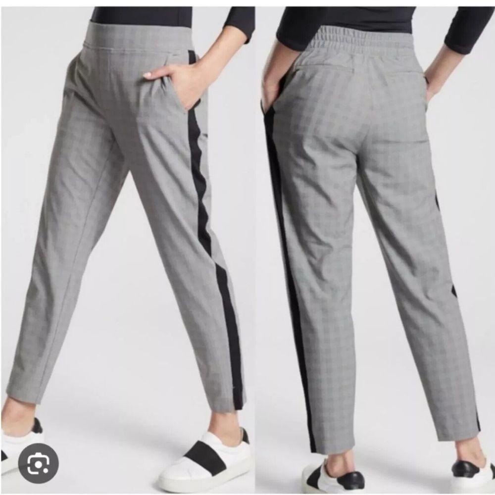 Athleta‎ Brooklyn Plaid Ankle Pants Women 4 Grey Tapered Travel Athleisure